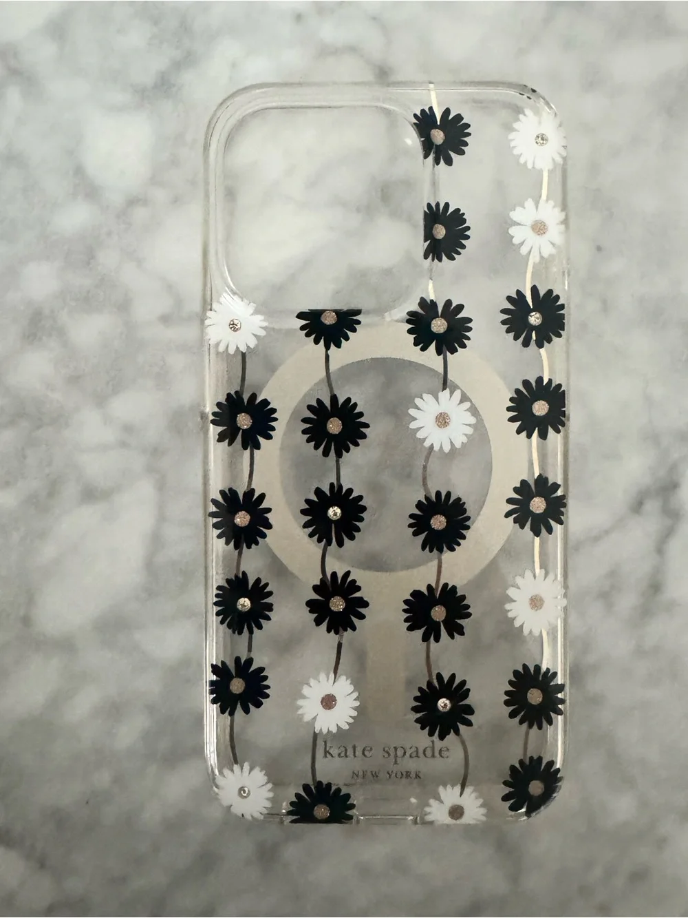 Kate Spade Clear Black & White Daisy Pattern Phone Case for iPhone 15 Pro